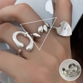 Dreiteiliges silbernes geometrisches Ring-Set mit Herz- und Blattmotiven an der Hand - Einstellbar Offen / Hufeisenblatt Herz Set (JZ9404)
