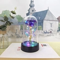 Deep blue iridescent gold foil rose with LED string lights in a glass dome on black base - Purple (Multicolor Light)