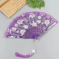 Elegant purple lace folding fan with silver rose patterns and decorative beaded tassel - Fan with Tassel / Purple