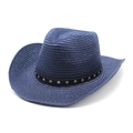 Detailed close-up of dark blue woven straw hat with silver studded black band accent - M (56-58cm) / Navy Blue