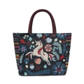 Navy blue woven tote bag with colorful unicorn and floral jacquard pattern - Black Pegasus