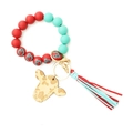 Western cowboy style beaded wristlet keychain with wooden cow head and colorful tassel - Ethic Red Teal