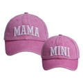 Close-up of MAMA and MINI 3D embroidery on pink washed cotton baseball caps for families - 2-Piece Set (Adult+Kid) / Rose Pink (MAMA+MINI Set)