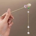 Golden hair stick with white jade rabbit, pink flower, and faux pearl tassels detail - Large Jade Rabbit
