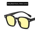 Glossy black square sunglasses with yellow lenses and silver rivets for women - Glossy Black Frame Yellow Lens