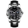Men's classic silver steel watch with black leather strap and multi-function dials - Fortune Leather Silver Case Black Dial Black Strap