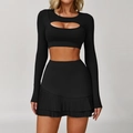 Black yoga set with long sleeve crop top featuring oval cutout and pleated mini skirt - S / Top And Bottom / Long Sleeve And Skirt / Premium Black