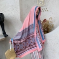Pink and blue bohemian ethnic print shawl with fringe details and plaid pattern - Checkered Floral / Over 175cm