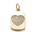 Golden rectangular pendant with micro-paved zircon heart detail on white background - CX138-9 Rectangle Pave Heart Zirconia Pendant