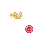 925 Sterling Silver Gold Bow Stud Earring with Zircon and Flat Back Design - Bowknot Style (Single Gold #1)