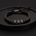 Men's black woven adjustable bracelet set with cubic zirconia pave spheres and metal beads - Black Triple Zirconia Ball Bracelet