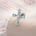 Cross earrings featuring teardrop blue zircon set in silver metal with micro-inlay detail - Light Sea Blue Zirconia (A755-2#)