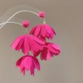 Detail of vibrant pink layered fabric flower tassel earrings on a display stand - Raffia Flower Style (30#)