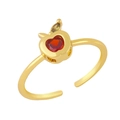 Detail of apple ring with red heart zircon and green leaf on golden adjustable band - Adjustable Open / Apple