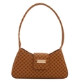 Bolso de hombro media luna marrón vintage con monograma y cierre magnético dorado - Tostado