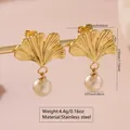 Golden stainless steel ginkgo leaf earrings with pearls and size measurements - Stainless Steel Ginkgo Pearl Hoop