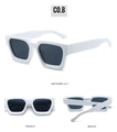 Square white sunglasses with dark grey lenses shown from front, side, and back angles - White Frame Dark Grey Lens