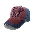 Close-up of vintage distressed denim baseball cap featuring bull skull patch and worn edges - M (56-58cm) / Wine Red (Mix Dark Blue)