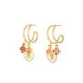 Golden drop earrings featuring red rhinestones, orange beads and hollow fan leaf pendants - Hollow Leaf Triple Dangle (E303099) - Gold Pink