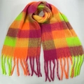 Thick winter scarf with vibrant pink and orange plaid pattern and fringe details - 46# (Pink Orange Yellow Green Bright Plaid)