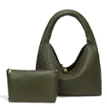 Green woven crescent shoulder bag and matching leather pouch in minimalist style - Olive Green