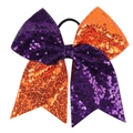 Vue détaillée du nœud papillon à paillettes violettes et orange avec élastique noir - Violet Foncé Et Orange