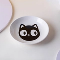 Ceramic elevated pet snack plate with black cartoon cat design in glossy white finish - Single Big Eye Cat Dish / No Stand