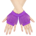 Close-up of purple fishnet fingerless gloves showing elastic nylon mesh texture and knit - One Size / Fuschia