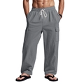 Men's loose straight leg drawstring cargo pants in grey with side flap pockets - Gray