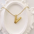 Gold puffy letter V pendant necklace with irregular engraving and beaded snake chain - Gold Letter V