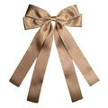 Champagne gold satin double bow hair clip with long ribbons on white background - Brown
