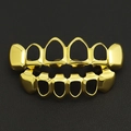 Hollow frame design gold-plated teeth grillz set for upper and lower rows in shiny finish - Hollow Style Set / Middle 4 Hollow Flat Tooth Gold Set