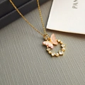 Elegant gold necklace with pink butterfly pendant, white pearls and sparkling zircons - Iridescent Butterfly-Gold Pink 0366JF