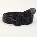 Close-up of black elastic woven belt with a round leather buckle for summer dresses - Black