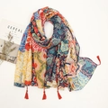 Close-up of bohemian colorful print scarf with tassels and artistic texture patterns - Retro Red Blue Patchwork (XB022)