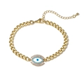 Gouden Cubaanse schakelarmband met zirkonia boze oog hanger en verstelbare sluiting - Gouden Armband 17+5cm