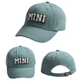 Detailed view of grey blue baseball cap with white MINI towel embroidery and adjustable metal buckle - New Mini Style / Emerald