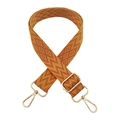 Close-up of orange and brown geometric woven bag strap with gold metal buckles - A16 Caramel Brown