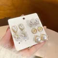 Set of five gold pearl earrings featuring round and geometric designs on a display card - Gold Pearl/Rhinestone (3# Silver Earring Post)