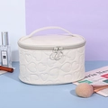 Y2K cream white PU leather makeup bag with heart embossing and double zipper design - Oval / White