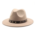 Close-up of khaki wool fedora hat with a brown leather belt and gold studded metal rivets - M (56-58cm) / Light Purple Grey