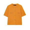 Detail of orange short-sleeve knit cardigan with silver embossed buttons and pockets - Orange Red