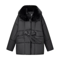 Women's black padded coat with faux fur collar and waist tie for winter fashion - S / Black