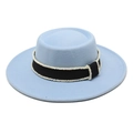 Detailed texture of light blue wool felt hat with black ribbon and white pearl bead trim - Sky Blue