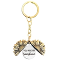Detail of opening sunflower keychain with engraved YOU ARE MY SUNSHINE hidden message - T00001 Gold Sunflower Silver Disc (You are my sunshine)