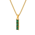 Gold box chain necklace with three green square-cut crystals on a vertical pendant - Gold Green