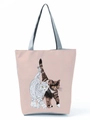 Detailed close-up of a pink canvas tote bag featuring a cute hand-drawn cat illustration - Double Striped Cats Print (hl3553)