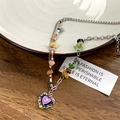 Three-layer irregular stone bead necklace with a purple heart pendant in Y2K vintage style - 4# Necklace-Silver-Multicolor