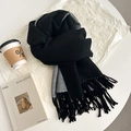 Double-sided black and grey faux rabbit fur scarf with fringe in lifestyle setting - Black and Gray