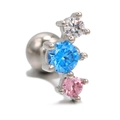 Three-stone barbell stud earring with white, blue, and pink cubic zirconia in silver finish - Silver Tri-Color Zircon